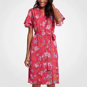 Ann Taylor Baja Rose Island Floral Flutter Sleeve Shirtdress Small Petite